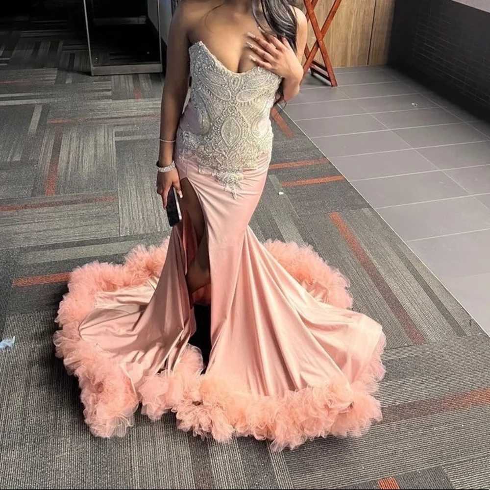 strapless open back dress A Line V Neck Hot Pink Lace Long Prom Dresses with Slit PSK551 US16 / Hot Pink